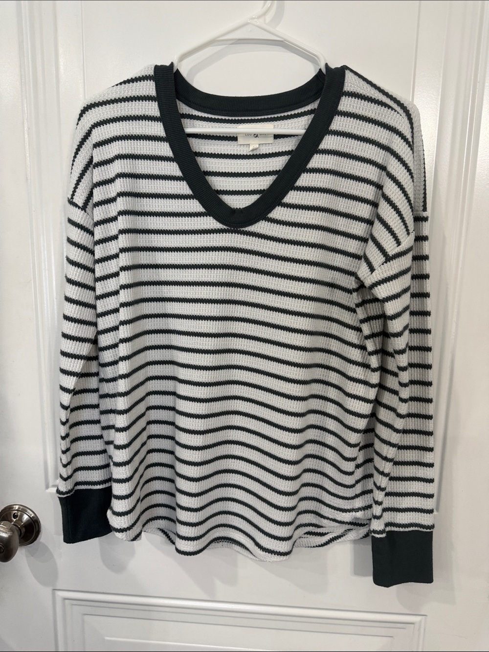 Lou & Grey Striped V-Neck Long Sleeve Top - Olive & White
